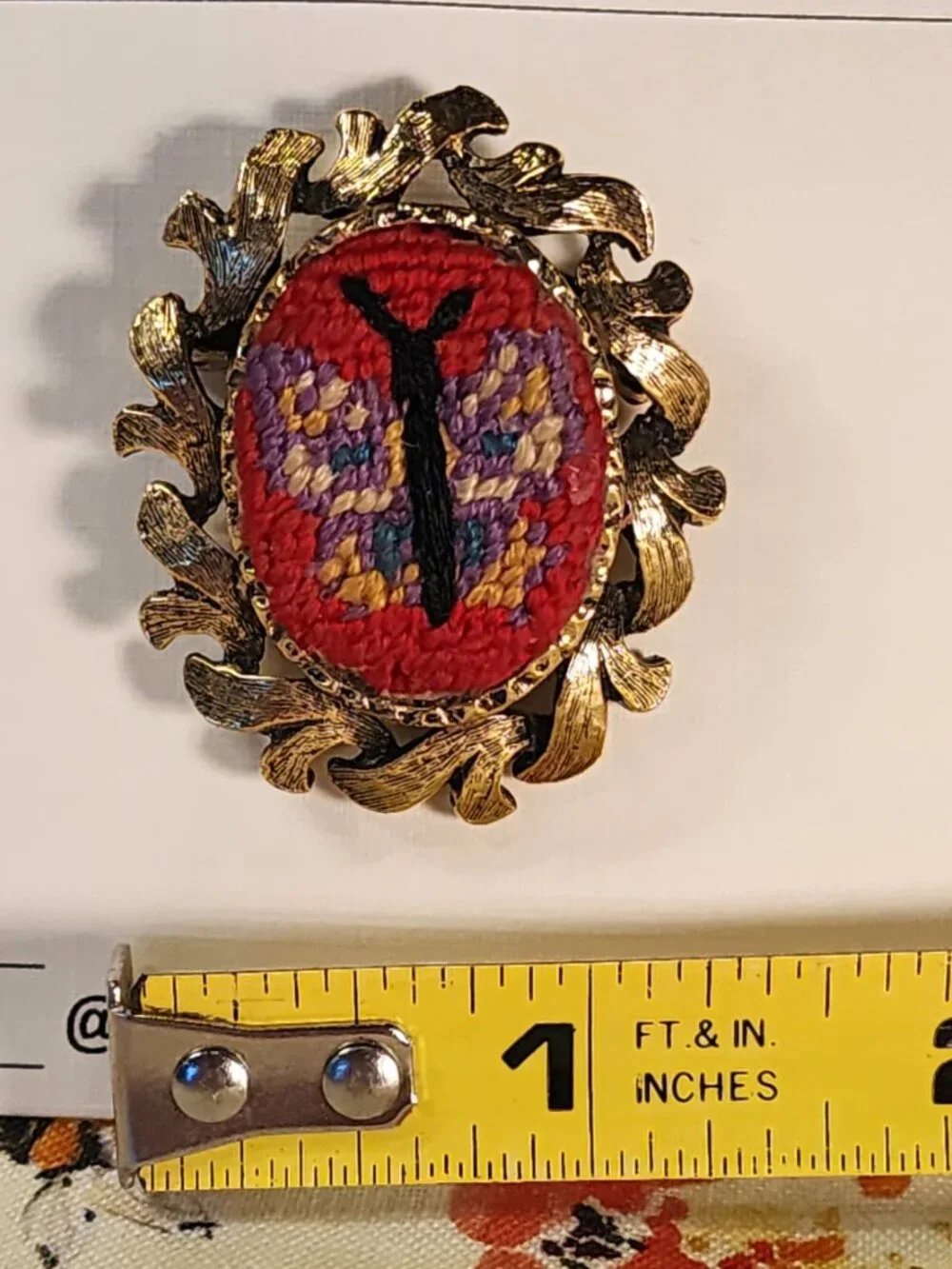 VINTAGE Brooch Featuring Colorful Embroidered Butterfly Set in Gold-Tone Wreath